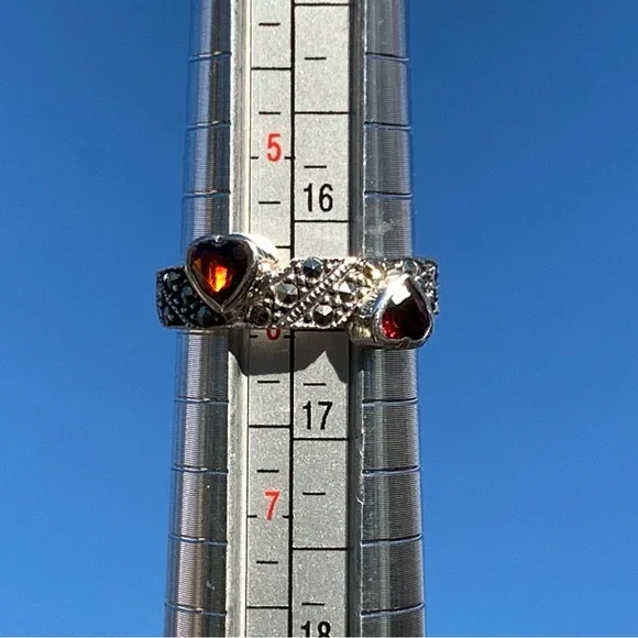 Garnet Hearts, Marcasite and Silver Ring ~ Size 6 - Picture 2 of 7